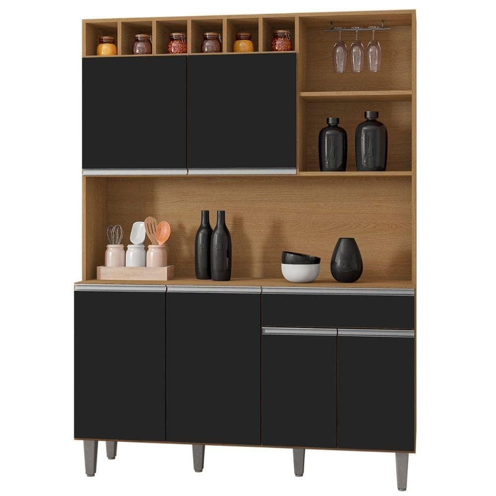 Kit Armário Cozinha Compacta Alice 6 Portas Amendoa Preto Ajl