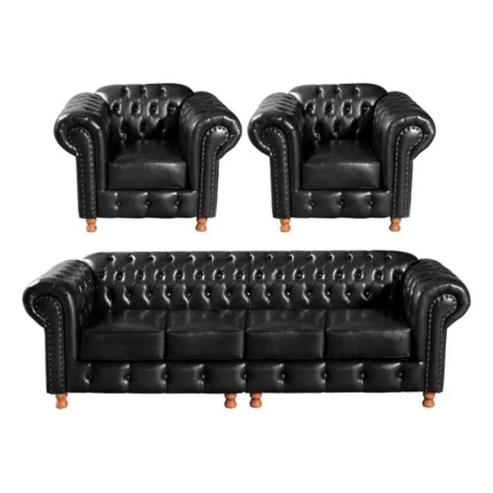 Conjunto Sofá 4 Lugares E 2 Poltrona Chesterfield Luís Xv Vintage Retrô Capitonê Couro Preto