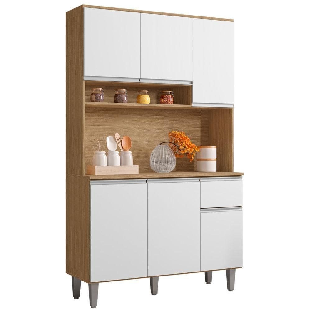 Kit Armário Cozinha Compacta Márcia 6 Portas Amendoa Branco Ajl