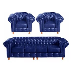 Conjunto Sofá 4 Lugares E 2 Poltrona Chesterfield Luís Xv Vintage Retrô Capitonê Couro Azul
