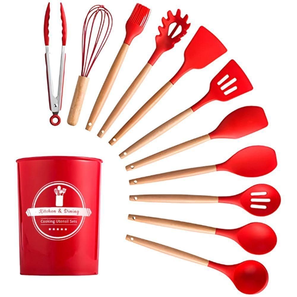Kit Utensílios Cozinha Vermelho 12 Pçs Silicone Antiaderente
