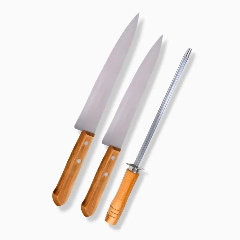 Kit Com 02 Facas + 01 Chaira Inox Churrasco