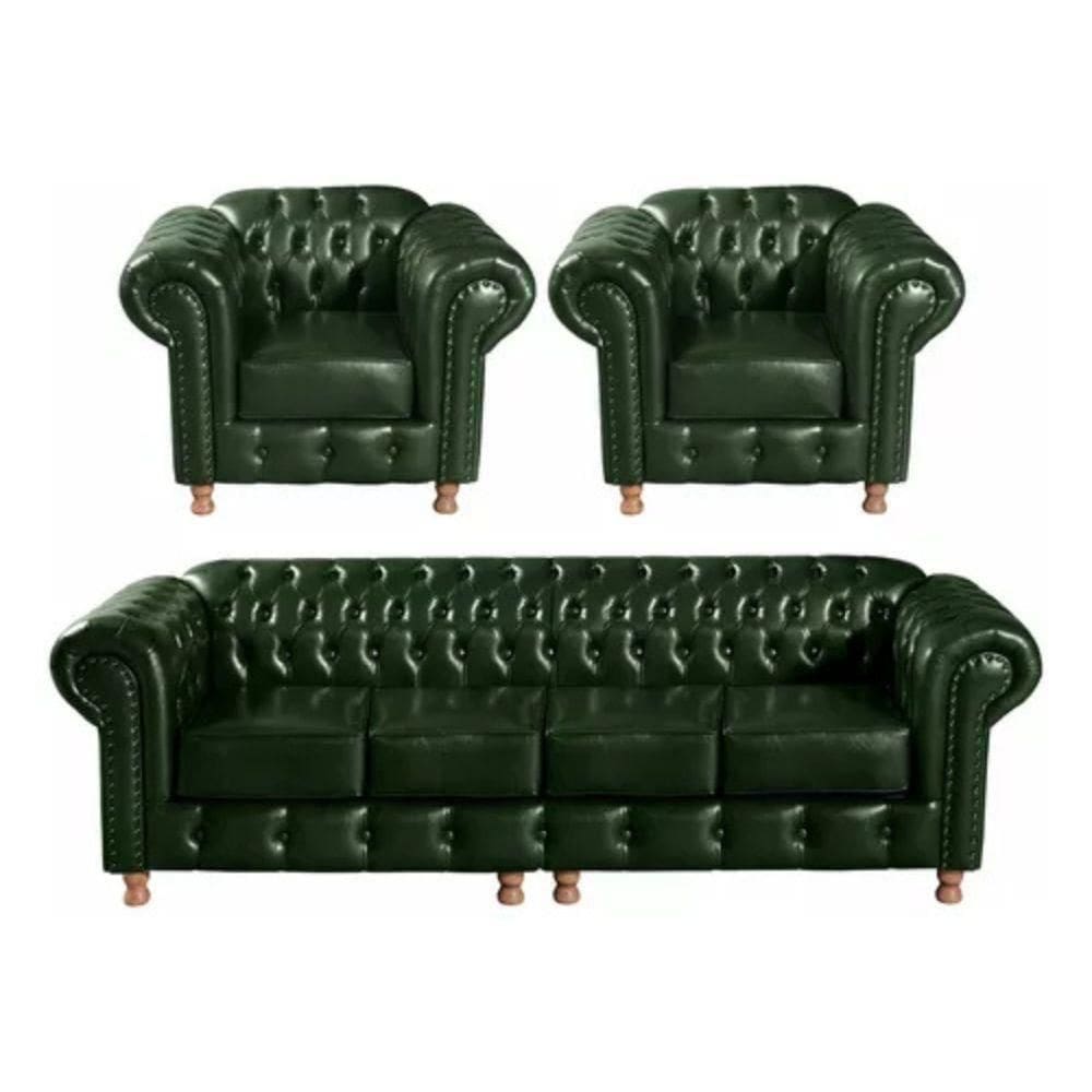 Conjunto Sofá 4 Lugares E 2 Poltrona Chesterfield Luís Xv Vintage Retrô Capitonê Couro Verde