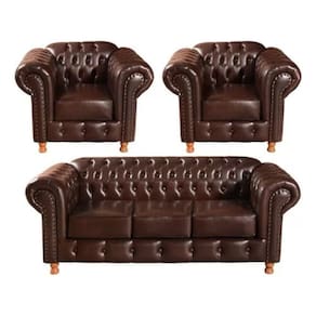 Conjunto Sofá 3 Lugares E 2 Poltrona Chesterfield Luís Xv Vintage Retrô Capitonê Couro Marrom