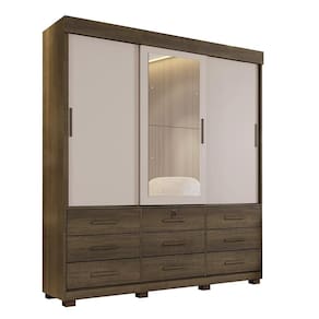 Guarda Roupa 3 Portas De Correr Com Espelho 9 Gavetas Londres Benetil Imbuia Off White