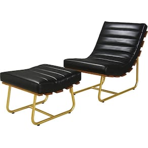 Poltrona Costela Rubi Com Puff Couro Preto Metal Dourado
