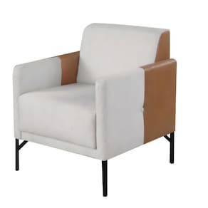 Poltrona Decorativa América Linho Mesclado Couro Bege Metal Preto