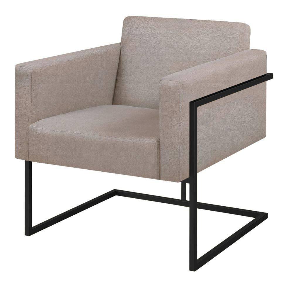 Poltrona Decorativa Bélgica Linho Bege Metal Preto