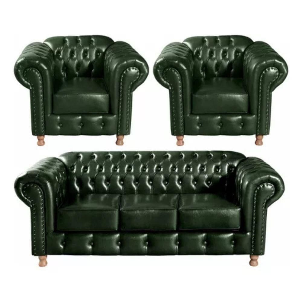 Conjunto Sofá 3 Lugares E 2 Poltrona Chesterfield Luís Xv Vintage Retrô Capitonê Couro Verde