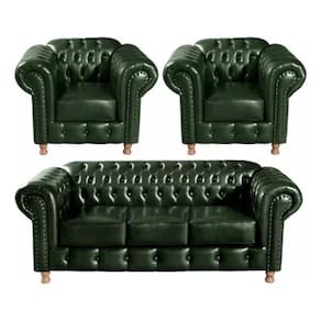 Conjunto Sofá 3 Lugares E 2 Poltrona Chesterfield Luís Xv Vintage Retrô Capitonê Couro Verde