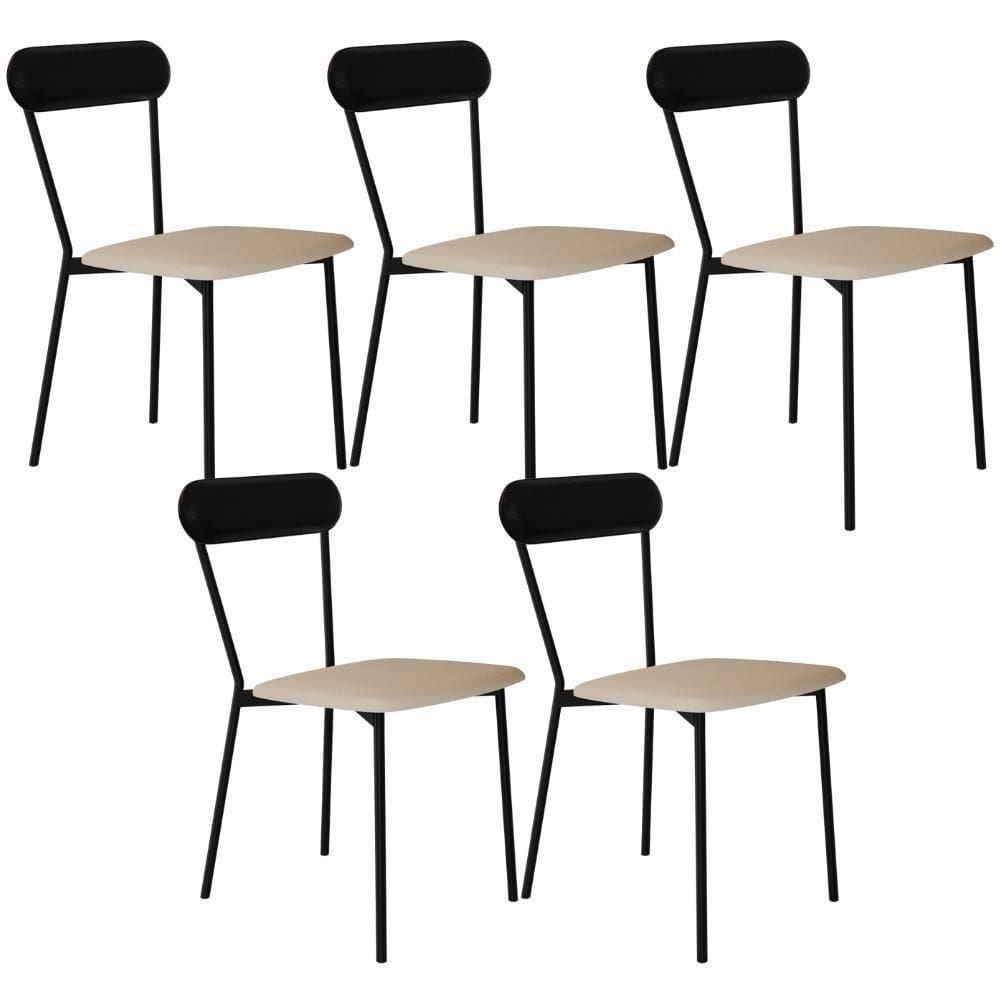 Kit 05 Cadeiras Estofada Para Sala De Jantar Liora Preto C01 Linho Areia Courino Preto - Lyam Decor