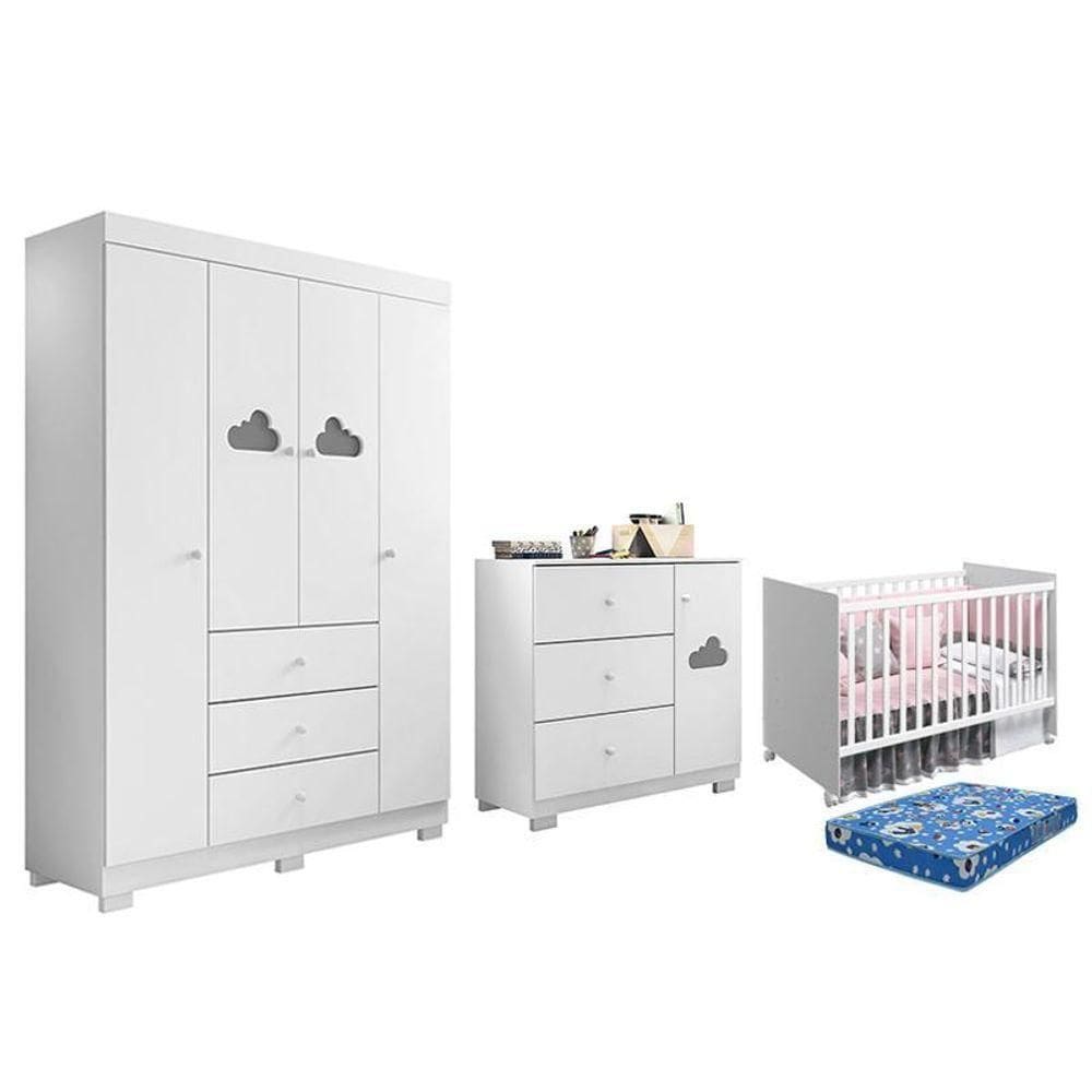 Dormitório Infantil Ane Guarda Roupa, Cômoda E Berço Mel Branco Com Colchão Physical - Phoenix Baby Branco