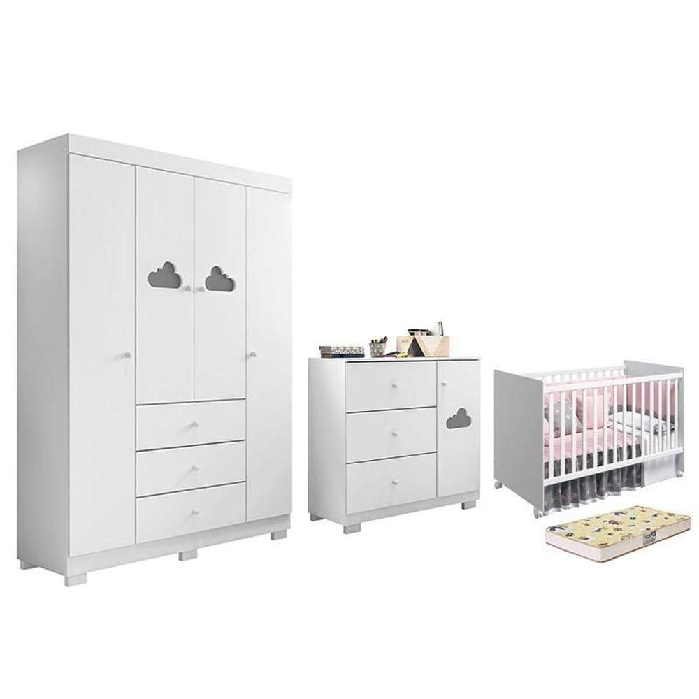 Dormitório Infantil Ane Guarda Roupa, Cômoda E Berço Mel Branco Com Colchão Supreme - Phoenix Baby Branco