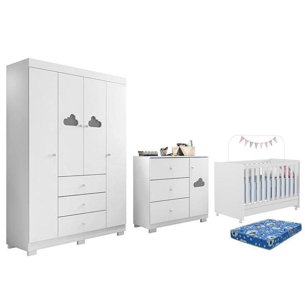 Dormitório Infantil Ane Guarda Roupa, Cômoda E Berço Branco Com Colchão Physical - Phoenix Baby Branco