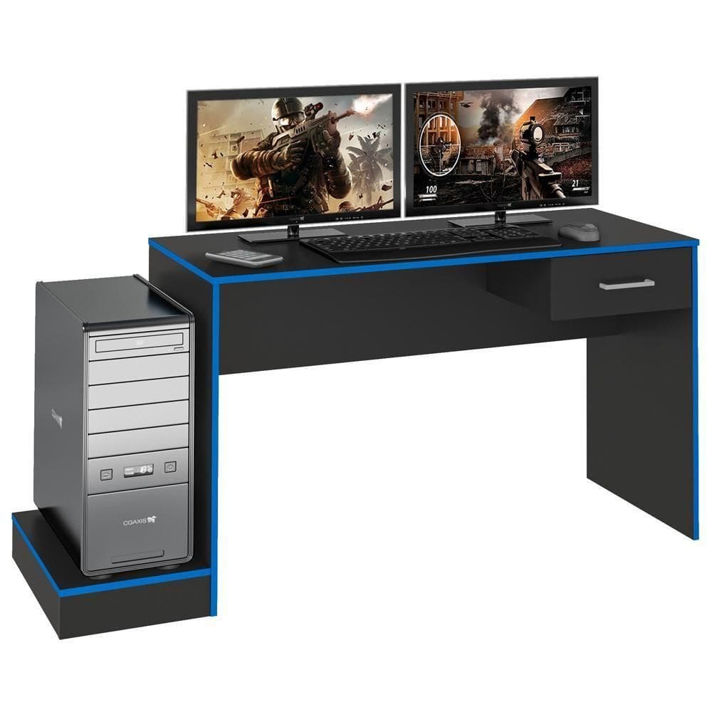 Mesa Escrivaninha Gamer 1 Gaveta 160 Cm Preto Azul Arly Preto Azul