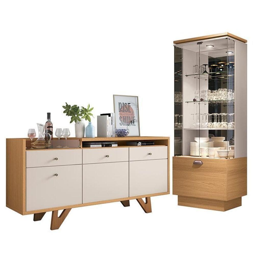 Sala De Jantar Com Cristaleira E Buffet Aparador Diamante Cinamomo-off White - Pr Móveis Cinamomo-off White