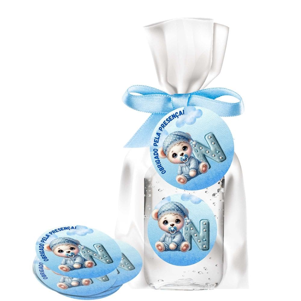 kit 25 Lembrancinhas Alcool Gel Ursinho Azul Maternidade e Chá De Bebê 30ml Aroma de Bebê
