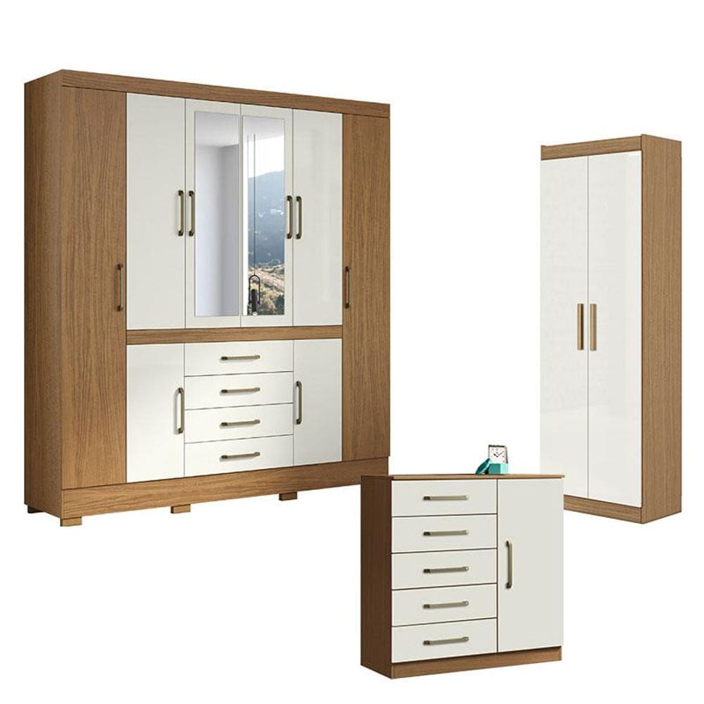 Guarda Roupa Casal Nápole 2045149 e Armário Multiuso 2000191 e Cômoda Milão Atacama Off White - Aramóveis
