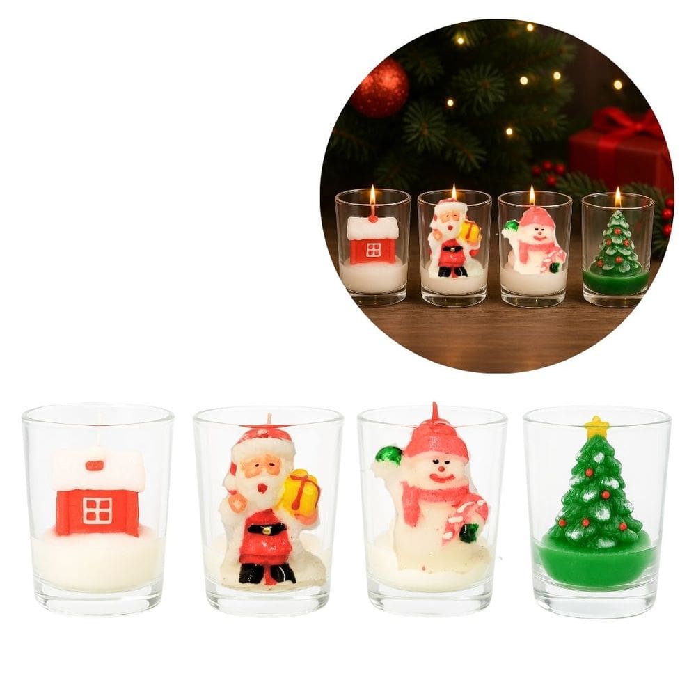 Conjunto 4 Mini Velas Natalinas Decorativas 3D com Castiçal Vidro Papai Noel, Boneco de Neve, Pinheiro e Casa