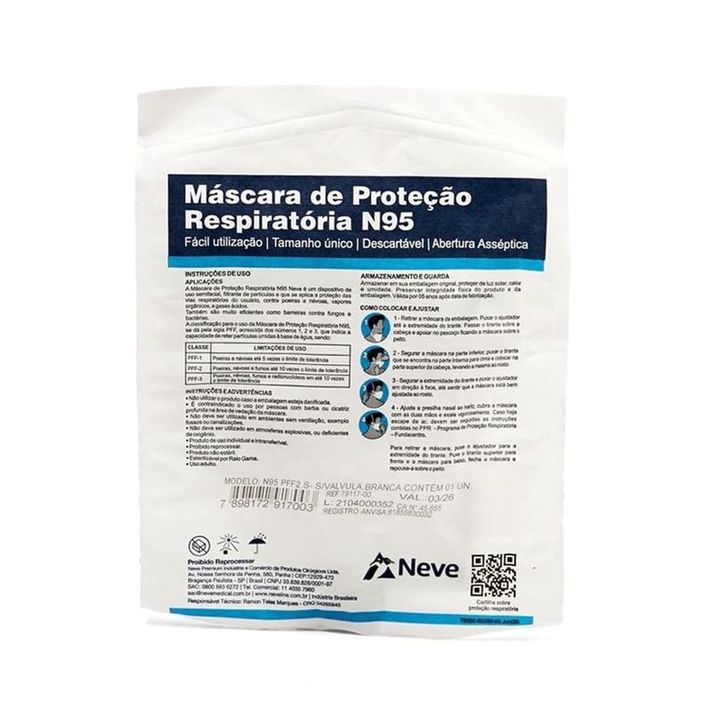 Máscara Descartável Neve N95 PFF2-S Branca