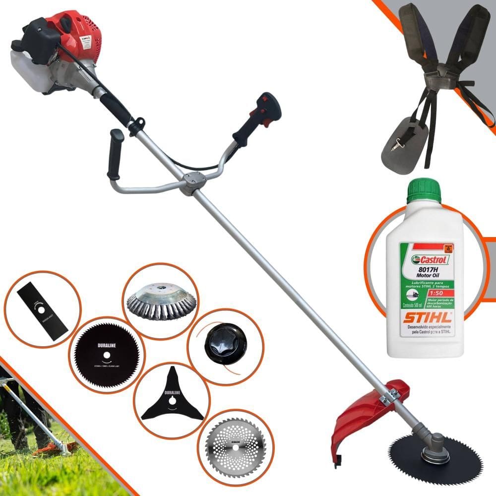 Roçadeira À Gasolina Anmax CG430P-TB 43cc 2HP Com Lâmina Facão e Carretel + Faca 3 Pontas, Faca 40 Dentes, Faca 80 Dentes, Escova de Aço + ÓLEO STIHL