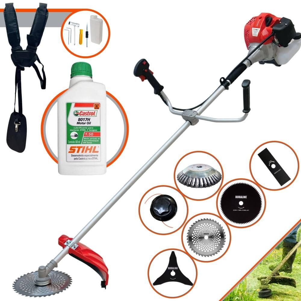 Roçadeira Multifuncional Anmax CG430P À Gasolina 43cc C/ Carretel e Faca 2 Pontas + Facas 3 Pontas, 40 Dentes, 80 Dentes + Escova de Aço + ÓLEO STIHL