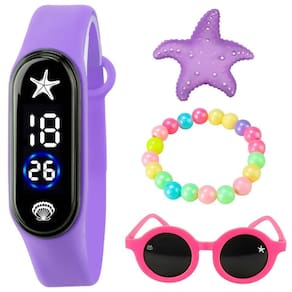 Relógio Digital Infantil Prova Dagua + Oculos Sol + Pulseira Colorida Menina Qualidade Premium Roxo