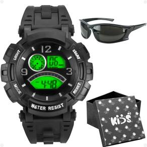 Relogio Infantil Digital Silicone Preto + Oculos Sol + Caixa Menino Presente Esportivo Proteção Uv