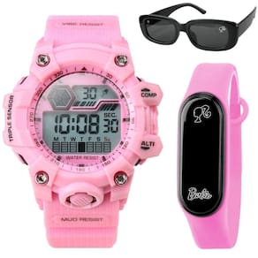 Relogio Digital Prova Dagua Infantil Rosa Led + Oculos Sol Qualidade Premium Data Ajustavel Menina