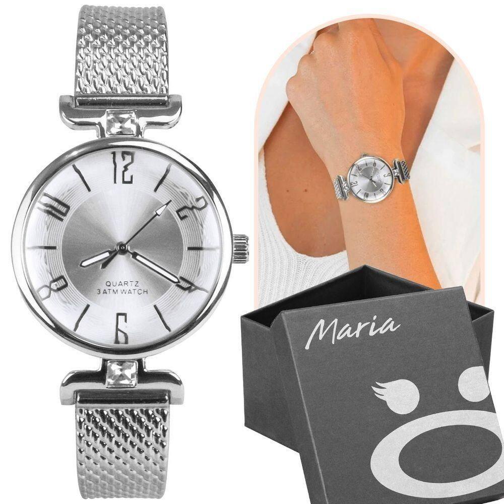 Relogio Feminino Prova Dagua Prata Silicone Aço Inox + Caixa Moda Pulseira Ajustavel Casual Social