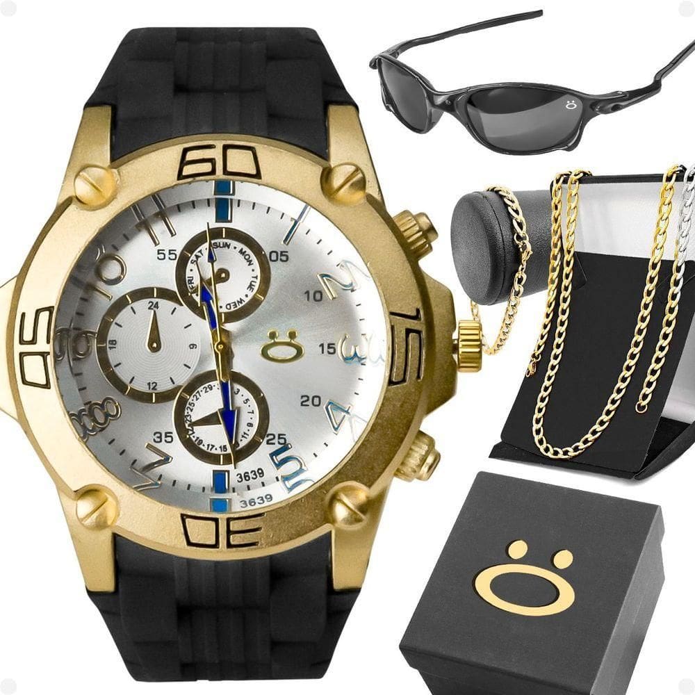 Relogio Aço Masculino + Pulseira Cordao + Oculos Sol + Caixa Grumet Analogico Ajustavel Robusto