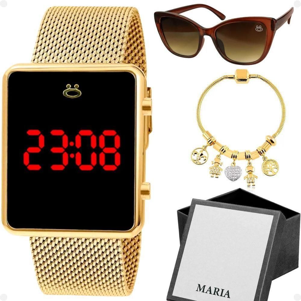 Relogio Led Feminino Banhado + Oculos + Pulseira + Caixa Gatinho Moda Social Qualidade Premium