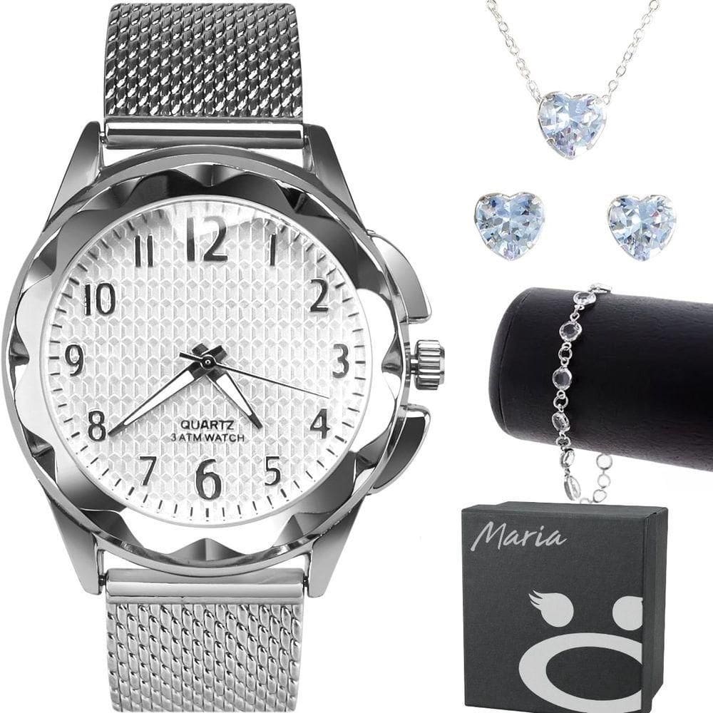 Relogio Prova Dagua Prata Feminino Pulseira + Brinco Colar Prateado Caixa Casual Qualidade Premium