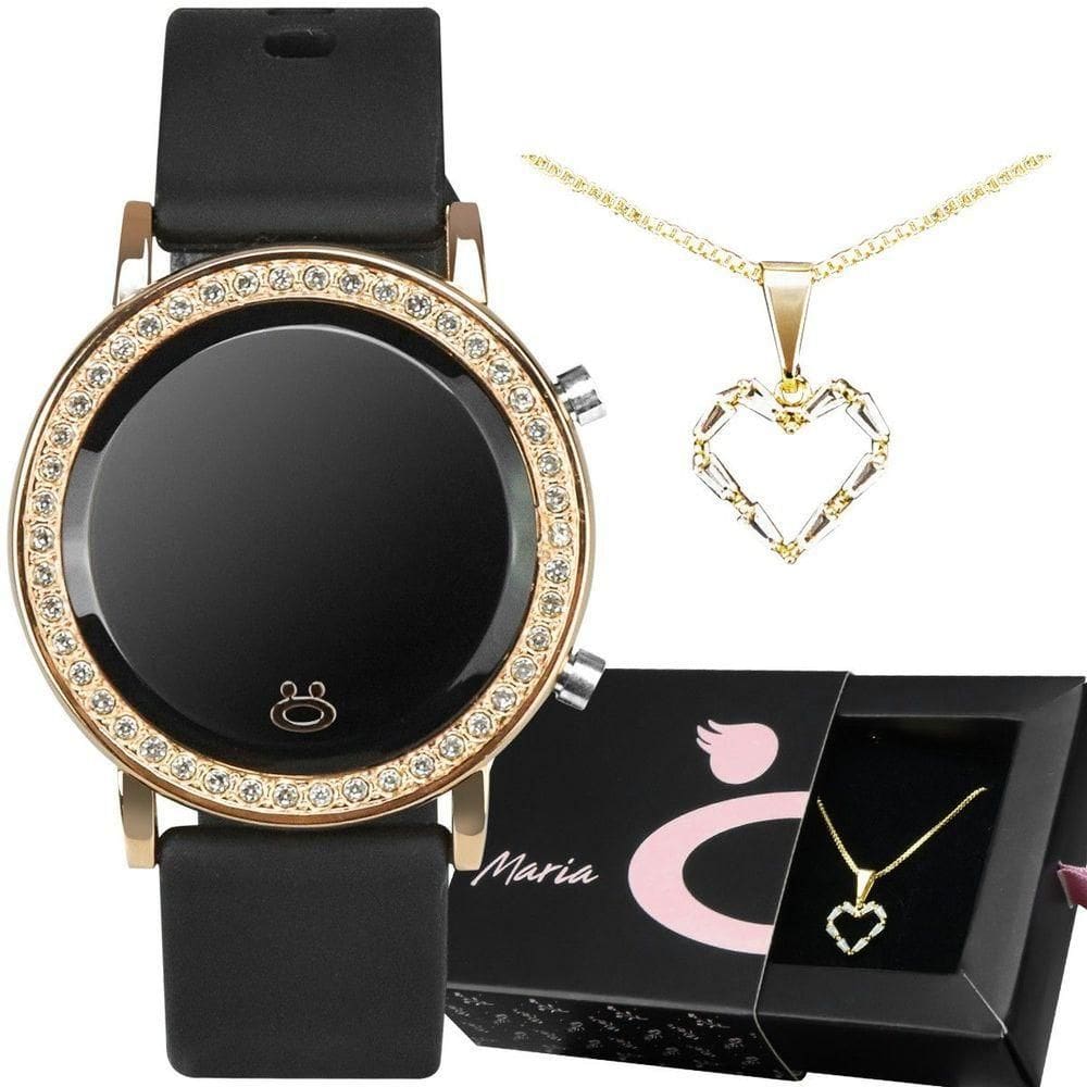 Relogio Digital Feminino Banhado Dourado + Colar Coração Qualidade Premium Moda Social Stras Preto