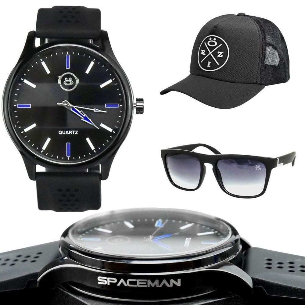 Oculos Sol Proteção Uv + Boné + Relogio Masculino Preto Moda Masculina Social Analogico Presente