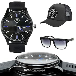 Oculos Sol Proteção Uv + Boné + Relogio Masculino Preto Moda Masculina Social Analogico Presente