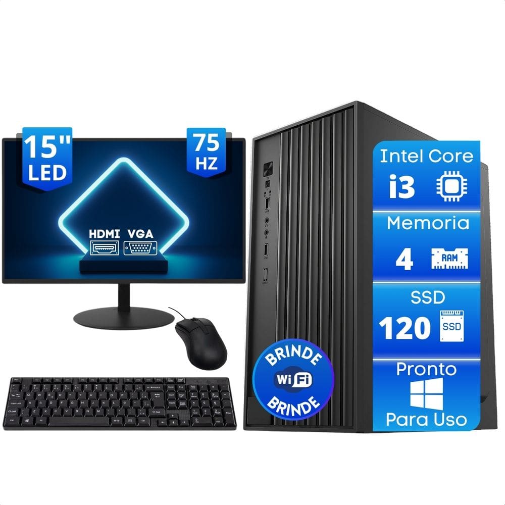 Computador Pc Completo Intel Core I3 4Gb SSD 120Gb Monitor 15