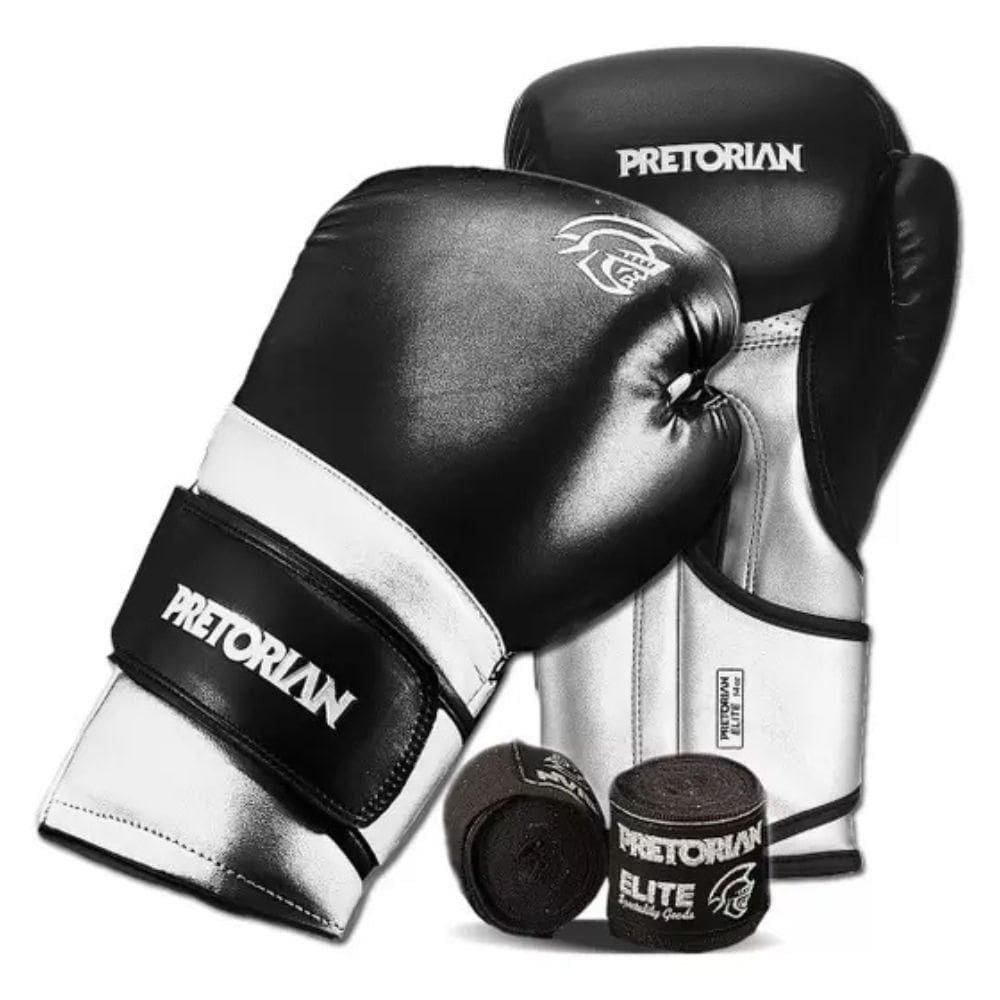 Kit Luva Boxe Muay Thai Elite + Bandagem, Pretorian, Preto/
