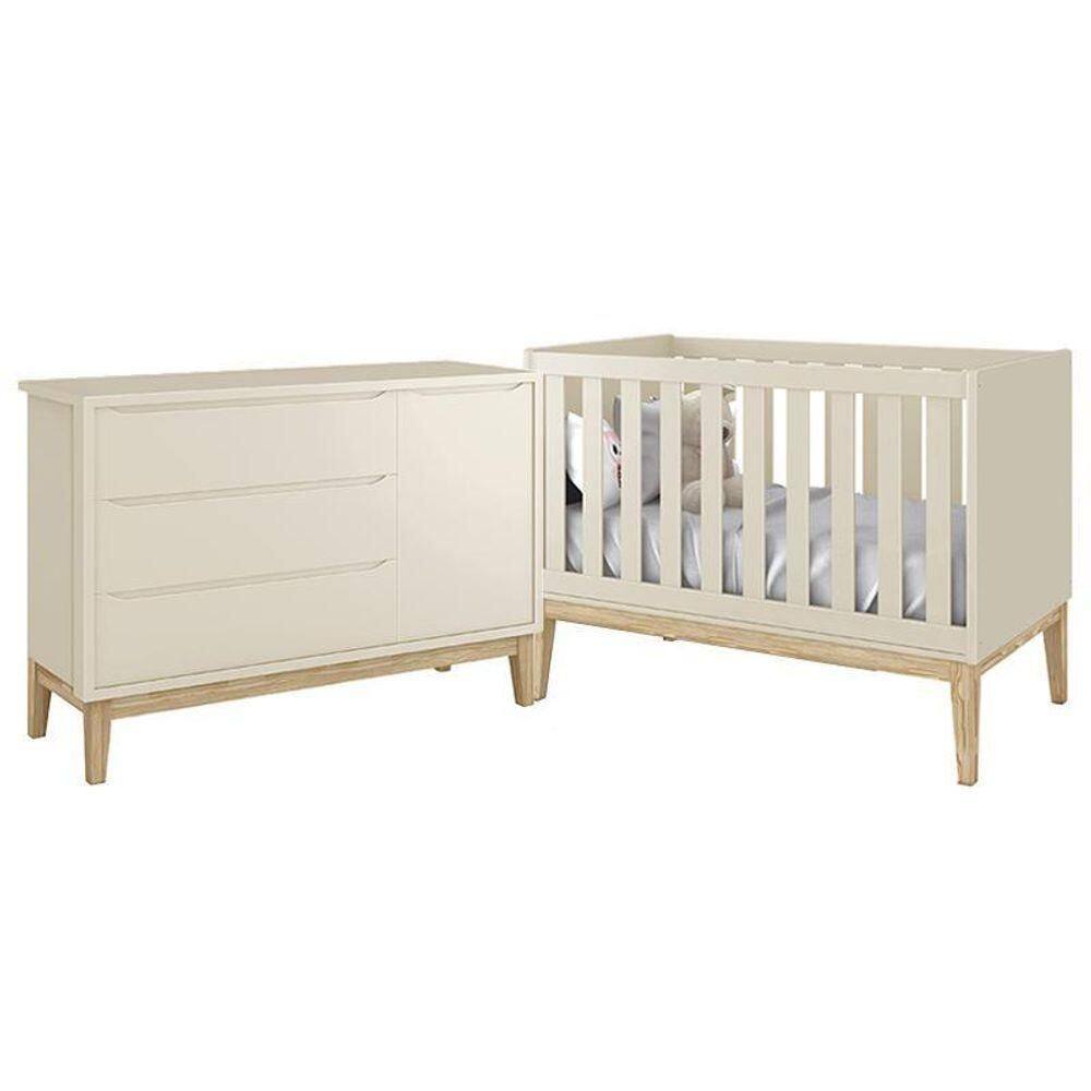 Jogo De Quarto Classic Cômoda Com Porta E Berço Areia Fosco Com Pés Madeira Natural - Reller Móveis Areia Fosco