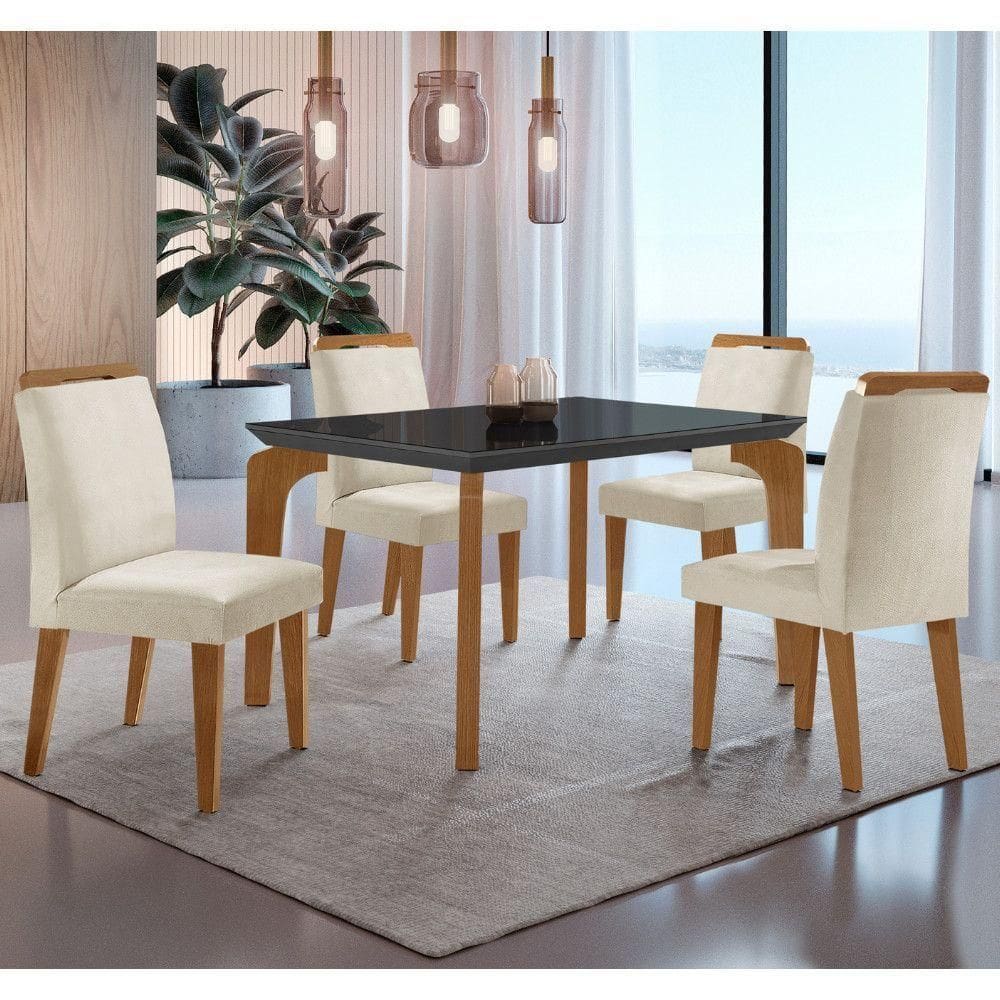 Conjunto Mesa Liz 120cm Com Vidro 4 Cadeiras Athenas Moderna Grafite Imbuia Serig. Grafite