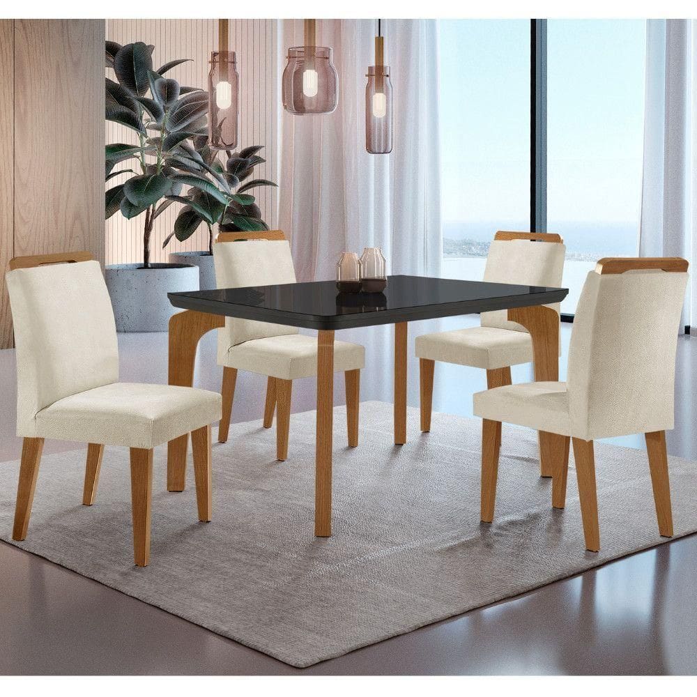 Conjunto Mesa Liz 120cm Com Vidro 4 Cadeiras Athenas Moderna Grafite Imbuia Serig. Grafite