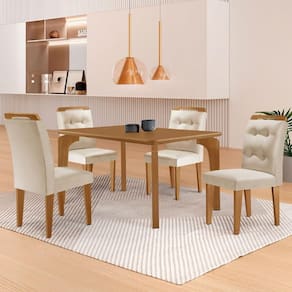 Mesa Liz 120 Mdf Com 4 Cadeiras Carol Veludo Creme/naturalle/naturalle