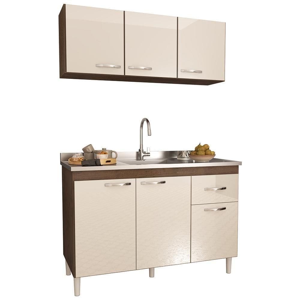 Kit Pop 120cm Com Armário Aéreo E Balcão Noce-off White Sem Tampo - Indékes Noce-off White