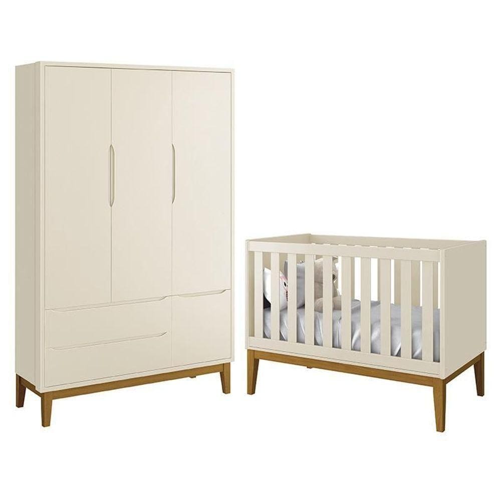 Jogo De Quarto Infantil Guarda Roupa 3 Portas E Berço Classic Areia Fosco Com Pés Amadeirado - Reller Móveis Areia Fosco