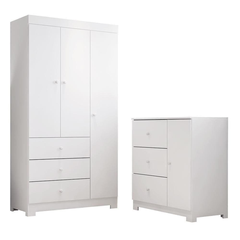 Jogo De Quarto Infantil Duda Com Guarda Roupa 3 Portas E Cômoda Branco - Phoenix Baby Branco