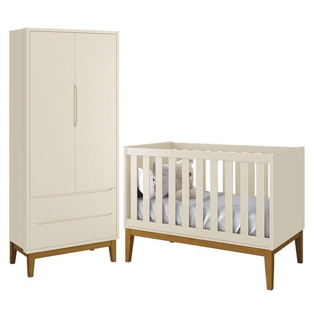 Jogo De Quarto Infantil Guarda Roupa 2 Portas E Berço Classic Areia Fosco Com Pés Amadeirado - Reller Móveis Areia Fosco