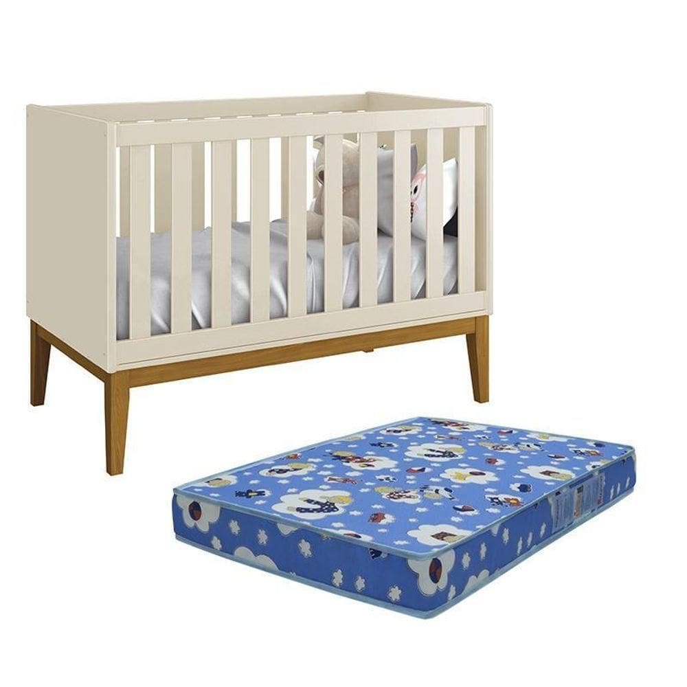 Berço Mini Cama Classic Areia Fosco Pés Amadeirado Com Colchão D18 - Reller Móveis Areia Fosco
