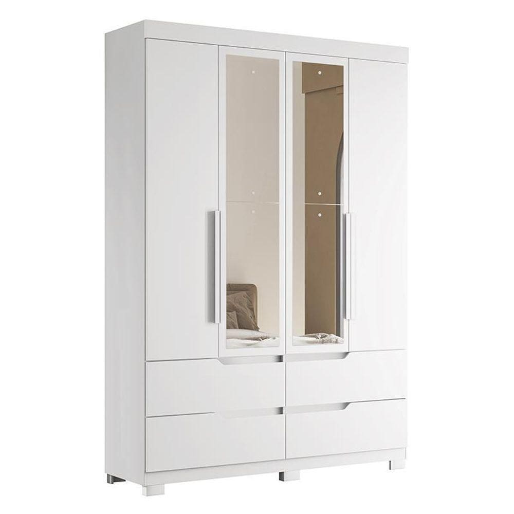 Guarda Roupa Solteiro Doble 4 Portas Branco Fosco Com Espelho - Móveis Albatroz Branco Fosco