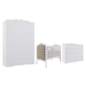 Dormitório Guarda Roupa, Cômoda E Berço Harmonia Branco Com Capitonê - Permóbili Baby Branco