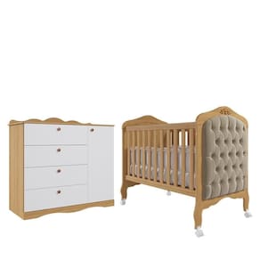 Jogo De Quarto Infantil Cômoda E Berço Harmonia Nature-branco Com Capitonê - Permóbili Baby Nature-branco